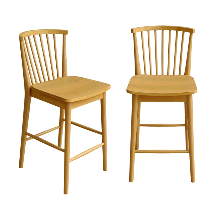 Lot de 2 tabourets de bar à barreaux bois d'hévéa et contreplaqué naturel - 48 x 58 x 98.5 cm - Paula