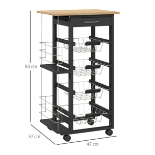 Carrito de Cocina con Ruedas Carrito Multiusos con Cajón 4 Cestas Extraíbles de Metal y Bastidores Laterales 47x37x83 cm Negro y Madera Natural