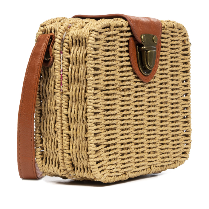 IRIA QUINTANA Borsa a tracolla da donna Empoli. Tessuto Paglia Pelle Sintetica PU 18x7x17 Cm. Colore cammello