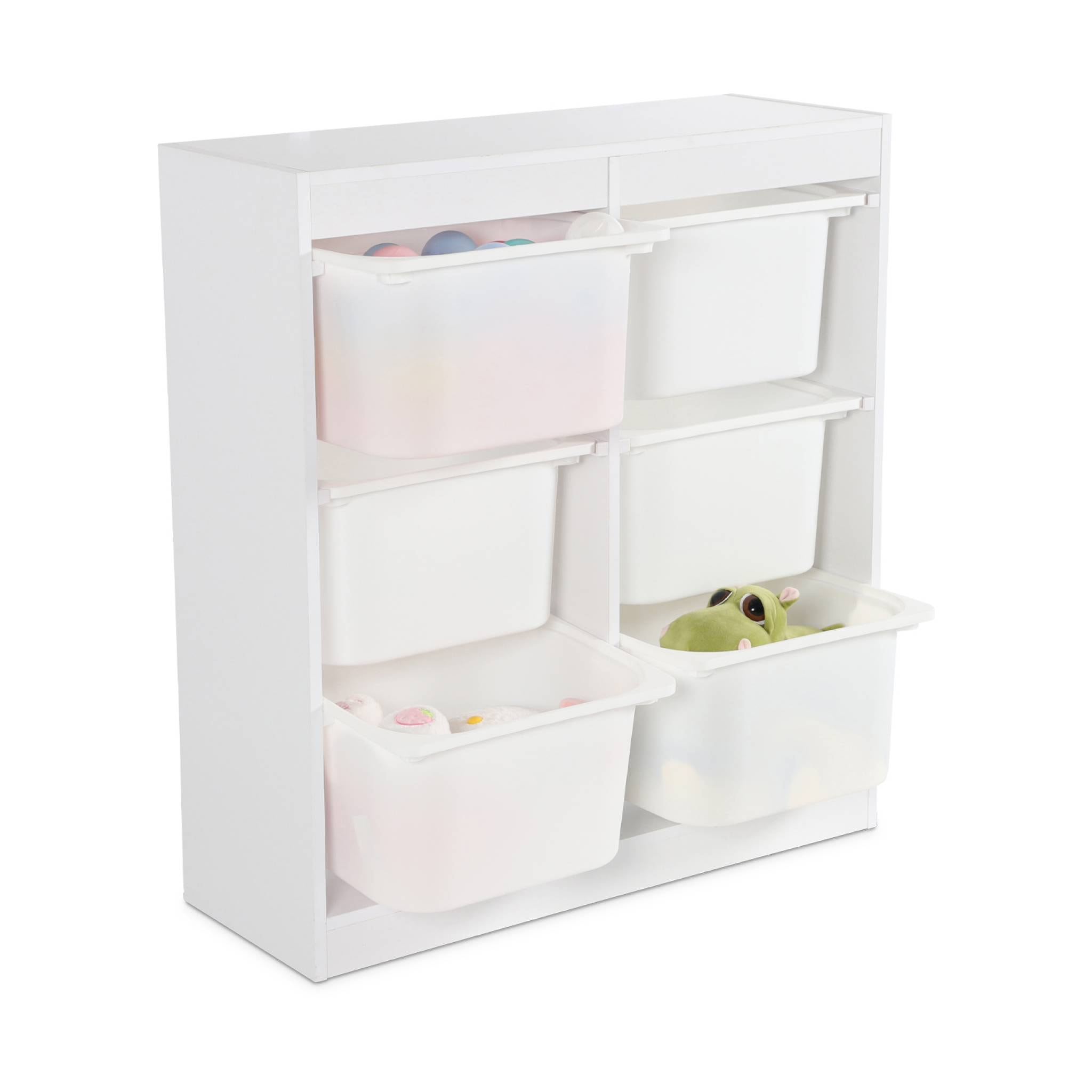 Meuble de rangement enfant. blanc. 6 bacs de rangement en plastique