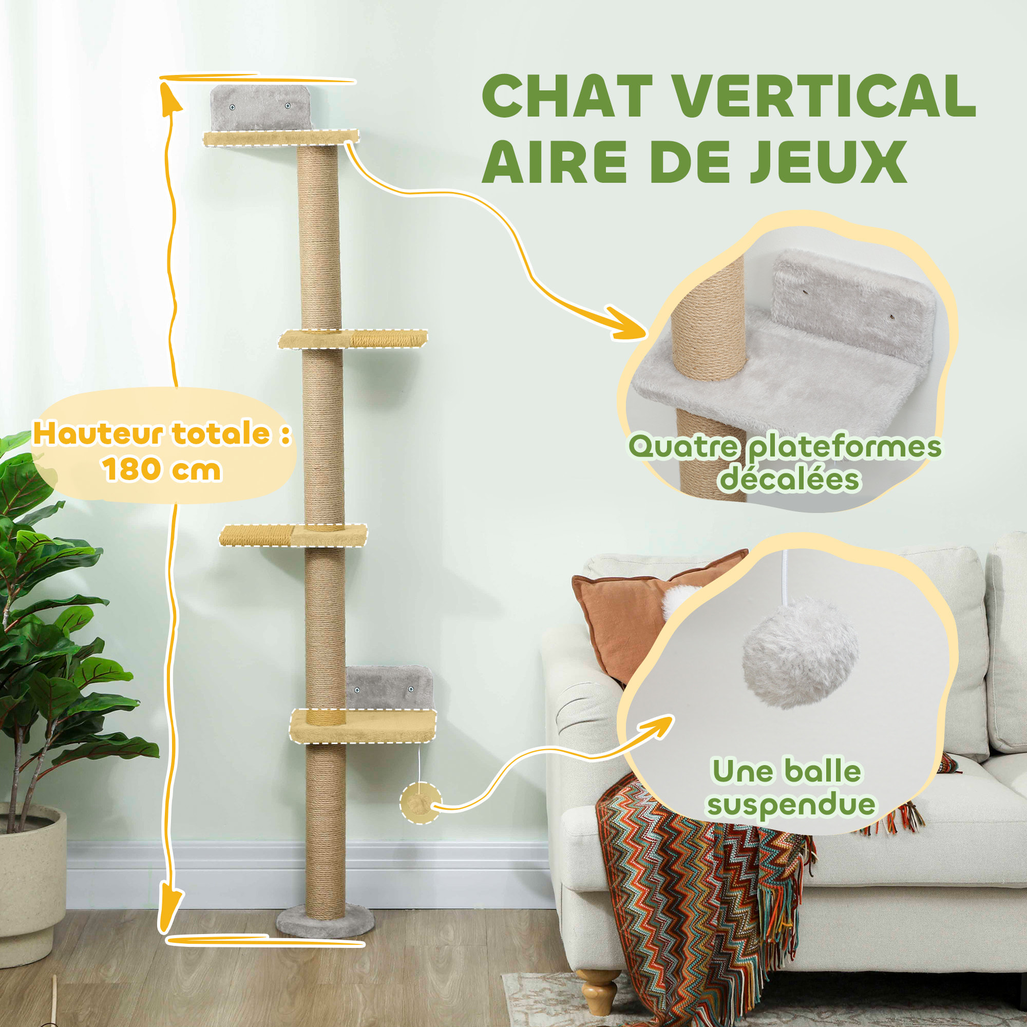 Arbre à chat mural 4 plateformes griffoirs grattoirs boule - 48x21x180cm - gris clair