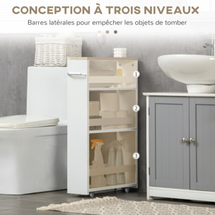 Meuble bas colonne rangement salle de bain à roulettes 3 niveaux dim. 48L x 15l x 80H cm MDF panneaux blanc aspect chêne clair