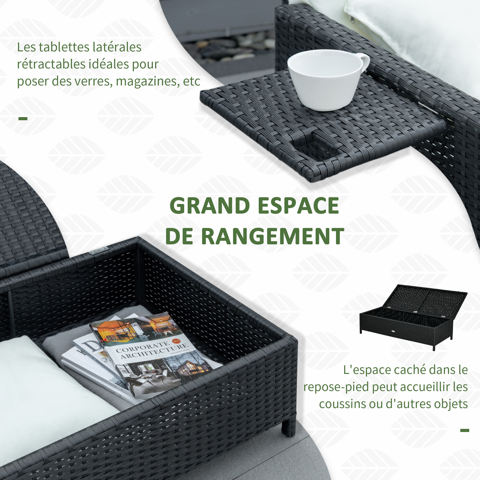 Ensemble de jardin 2 places : canapé dossier inclinable tablettes coffre matelas et coussins intégrées + repose-pieds résine tressée 4 fils noire polyester crème