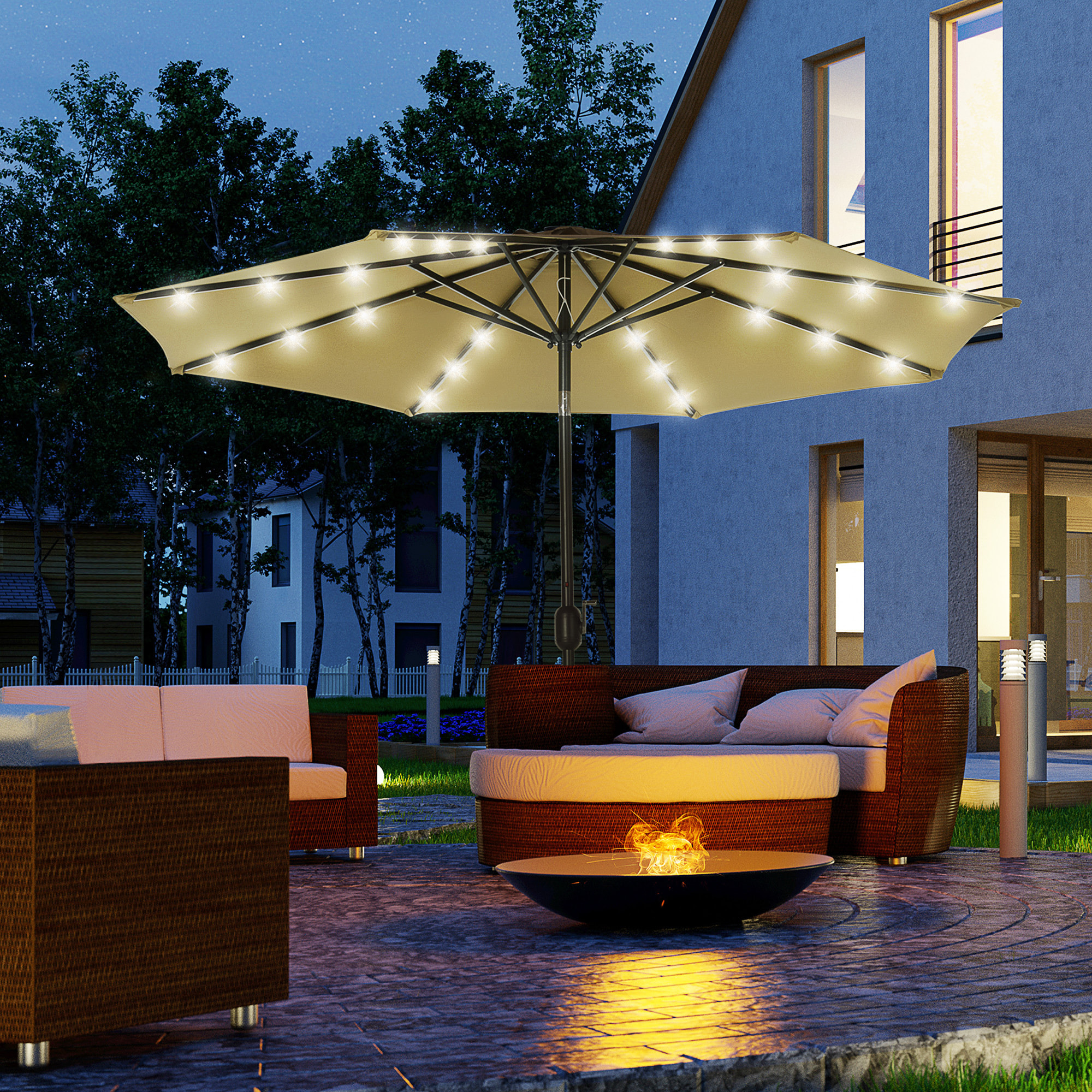 Parasol octogonal inclinable Ø 2,67 x 2,4 m lumineux solaire 24 LED polyester haute densité 180 g/m² kaki