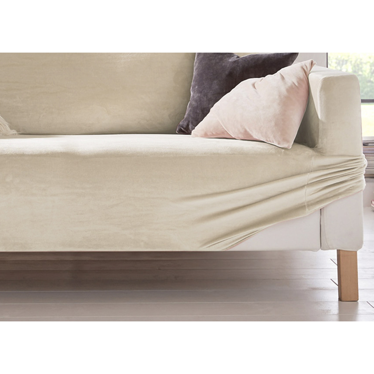 Copridivano 2 Posti Elasticizzato In Tinta Unita Effetto Velluto Modello Morbidissimo Colore Panna