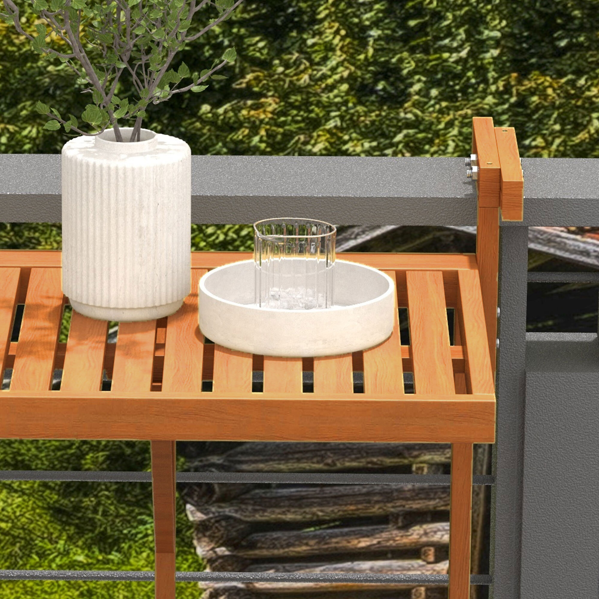 Table de balcon suspendue hauteur réglable dim. 68L x 65l x 40.5 -55H cm bois de sapin verni coloris teck