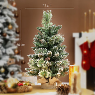 Árbol de Navidad con 35 Luces LED, 60 cm, Mini Árbol de Navidad Artificial con 64 Ramas Densas con Nieve, Piñas, Bayas y Base de Arpillera, Decoración Navideña de Mesa para Casa, Oficina, Verde