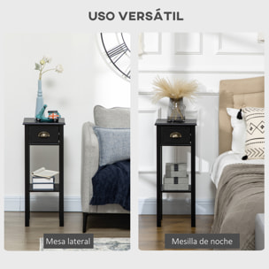 Mesa Auxiliar Estilo Moderno Mesita Auxiliar con Cajón y Estante de Almacenamiento Mesita de Noche para Sala de Estar Dormitorio 30x30x75 cm Negro