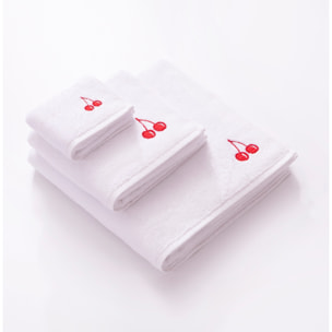 Set toallas 3pcs: toalla de tocador (30x50cm) + toalla de manos (50x90cm) + toalla de baño (70x140cm) 450gsm 100%algodon blanco con cereza roja benet