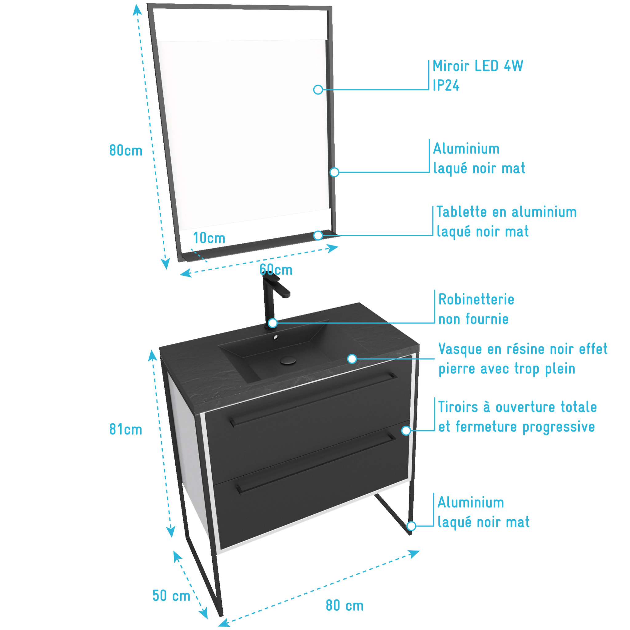 Meuble de salle de bain 80x50cm Blanc - 2 tiroirs - vasque resine noire effet pierre - miroir LED