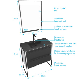 Meuble de salle de bain 80x50cm Blanc - 2 tiroirs - vasque resine noire effet pierre - miroir LED