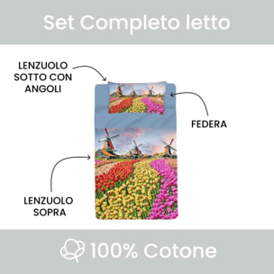 INTRECCI Set Lenzuola Singolo in Cotone, Stampa Alta Qualità, Lenzuolo Sotto + Lenzuolo Sopra + 1 Federa, Comfort, Morbidezza, per Pelli Sensibili, non Stringe in Lavatrice. Fantasia: Olanda