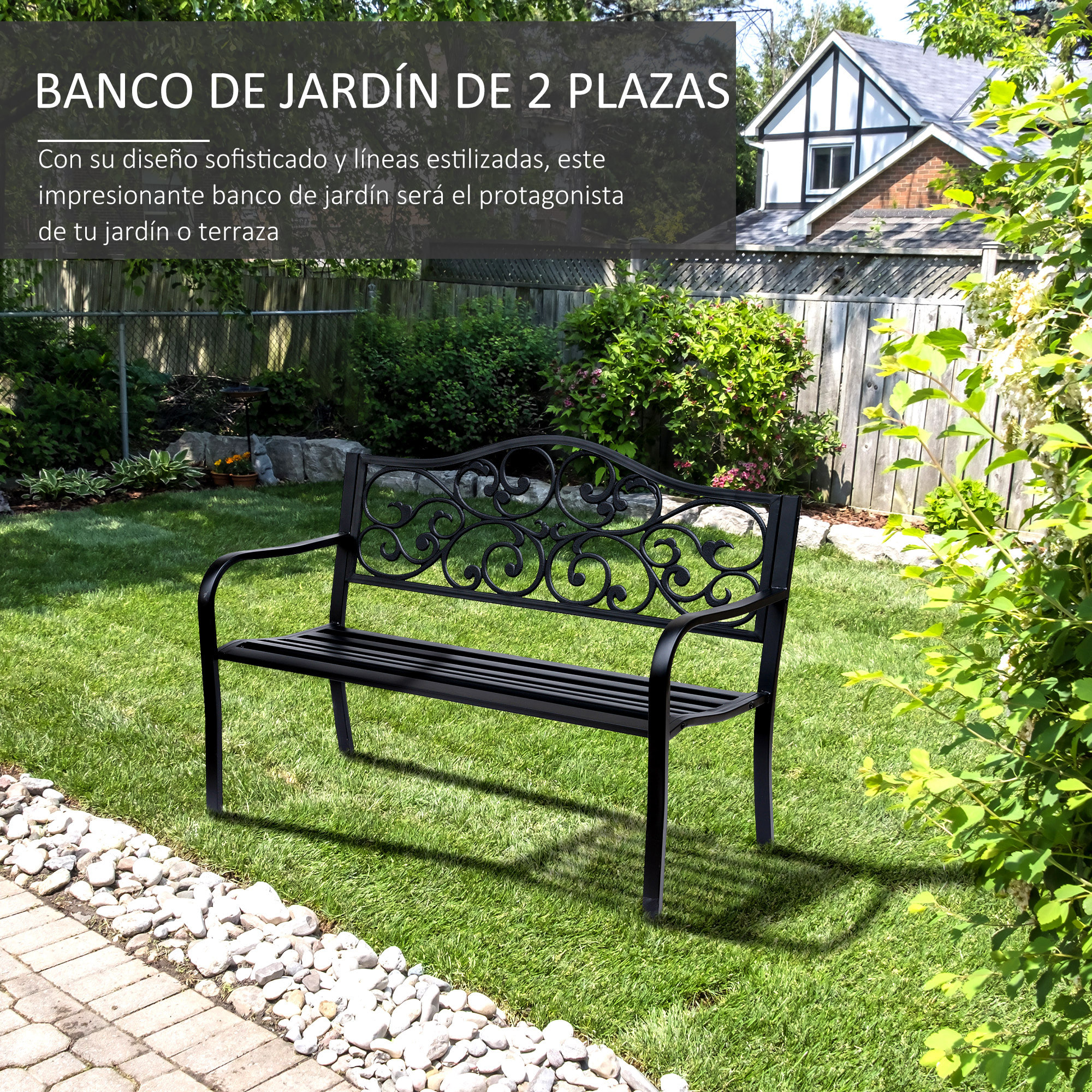 Banco de Jardín de Acero Banco Exterior con Respaldo y Reposabrazos Carga 240 kg para Patio Terraza Balcón 127x60x89 cm Negro