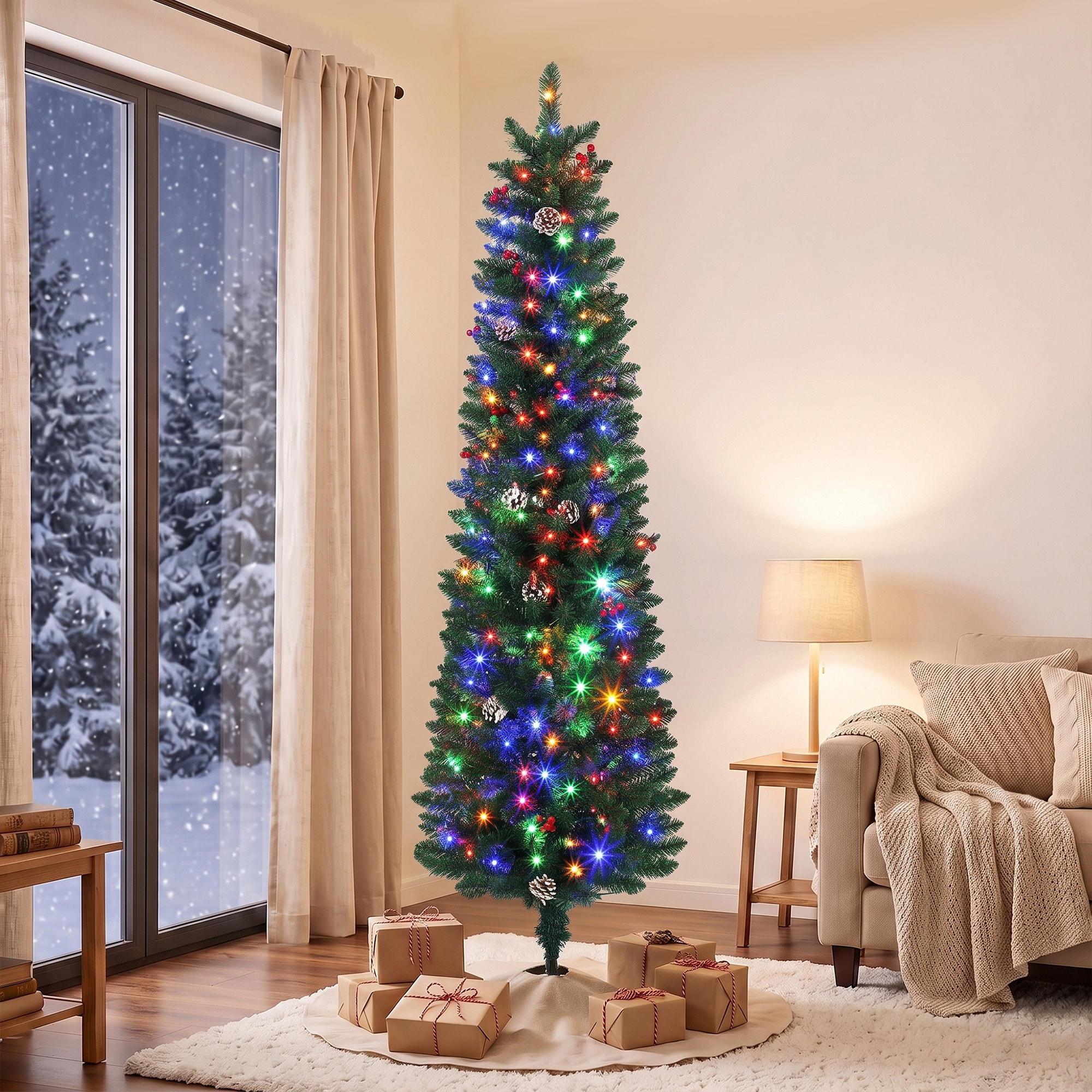 Árbol de Navidad Estrecho con 170 Luces LED Bicolor, 180 cm, Árbol de Navidad de Abeto, 351 Ramas Ignífugas, 11 Modos, 25 Piñas, 25 Bayas Rojas, Mando a Distancia, Estructura de Acero, Verde
