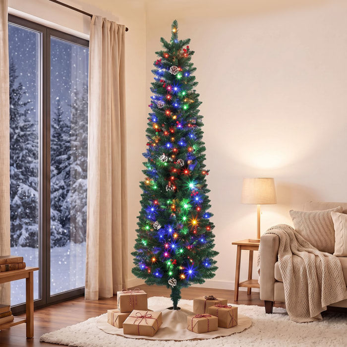 Árbol de Navidad Estrecho con 170 Luces LED Bicolor, 180 cm, Árbol de Navidad de Abeto, 351 Ramas Ignífugas, 11 Modos, 25 Piñas, 25 Bayas Rojas, Mando a Distancia, Estructura de Acero, Verde