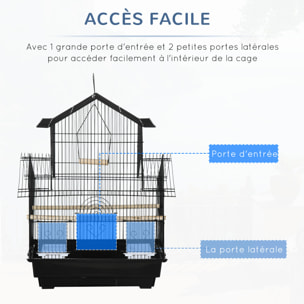 Cage à oiseaux design maison perchoirs mangeoires balançoire 3 portes plateau excrément amovible + poignée transport métal noir