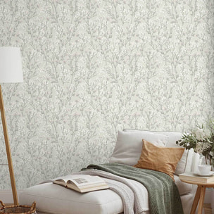 Papier peint fleurs sauvages vert sauge rosé