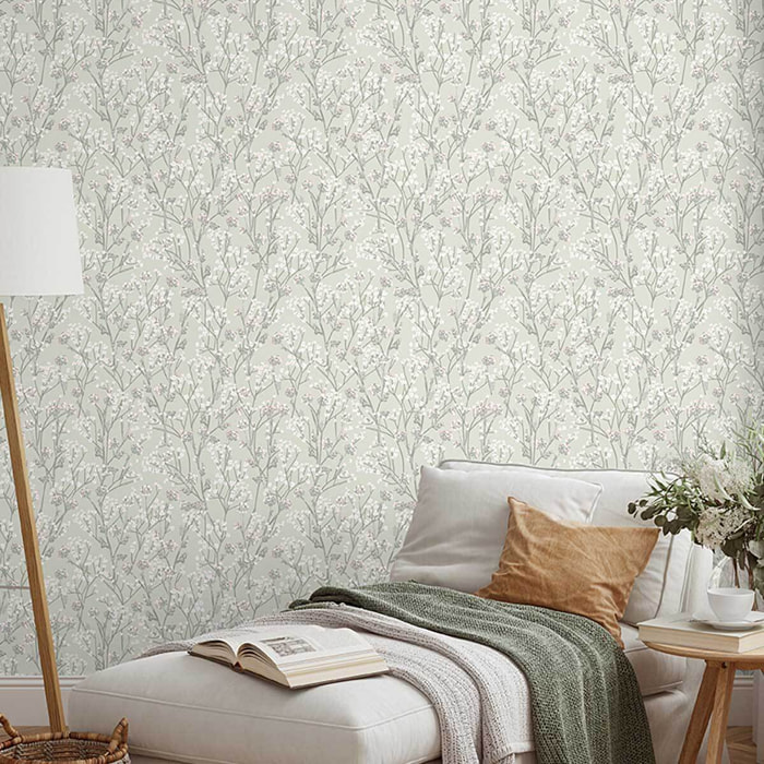 Papier peint fleurs sauvages vert sauge rosé