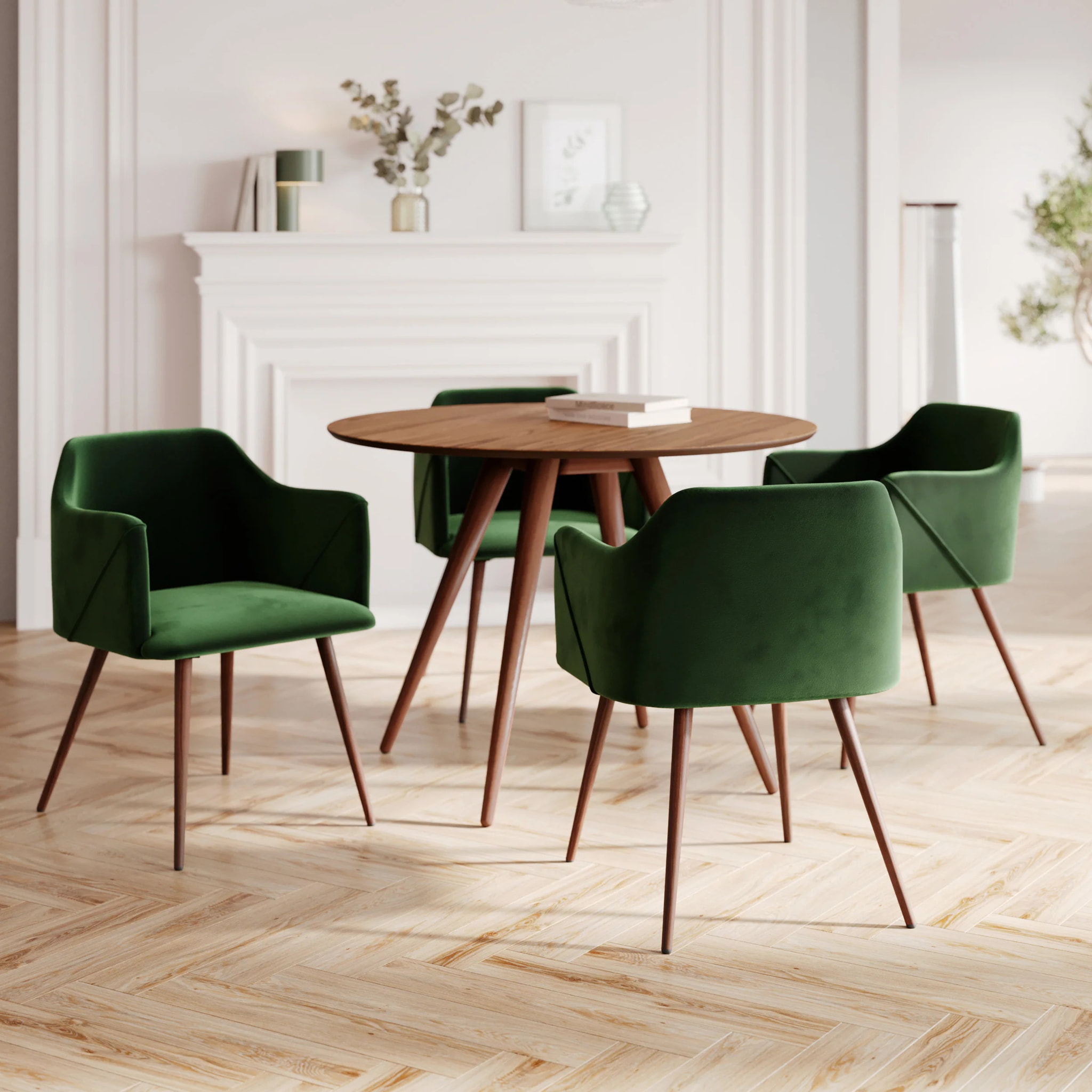 Table et chaises 4 personnes en velours vert et bois - Liwa