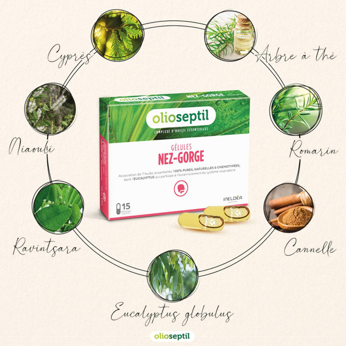 OLIOSEPTIL - Duo Nez-Gorge - Assainit le système respiratoire - Apaise la gorge  - Soulage la congestion nasale - 1 étui de 15 gélules végétales + 1 flacon spray de 20 ml