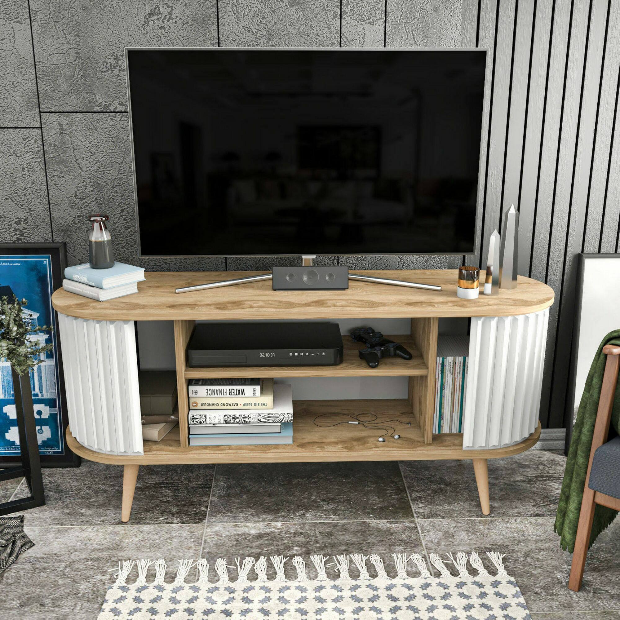 Mobile porta TV Desteve, Credenza da soggiorno, Armadio basso per TV, Base parete attrezzata, 140x43h64 cm, Quercia e Bianco