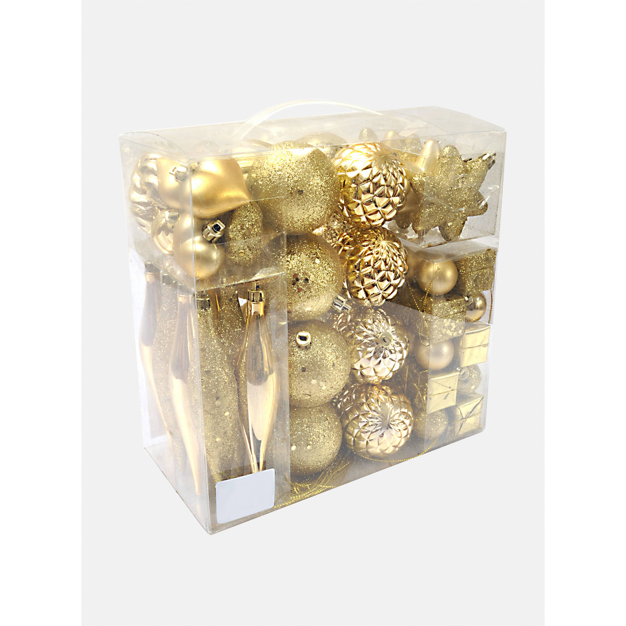 Box 80 pezzi decorazioni natalizie multi-forma, Ornamenti, Set assortimento palline di Natale, Scatola set albero di Natale, colore Oro, Da 3 a 7 cm