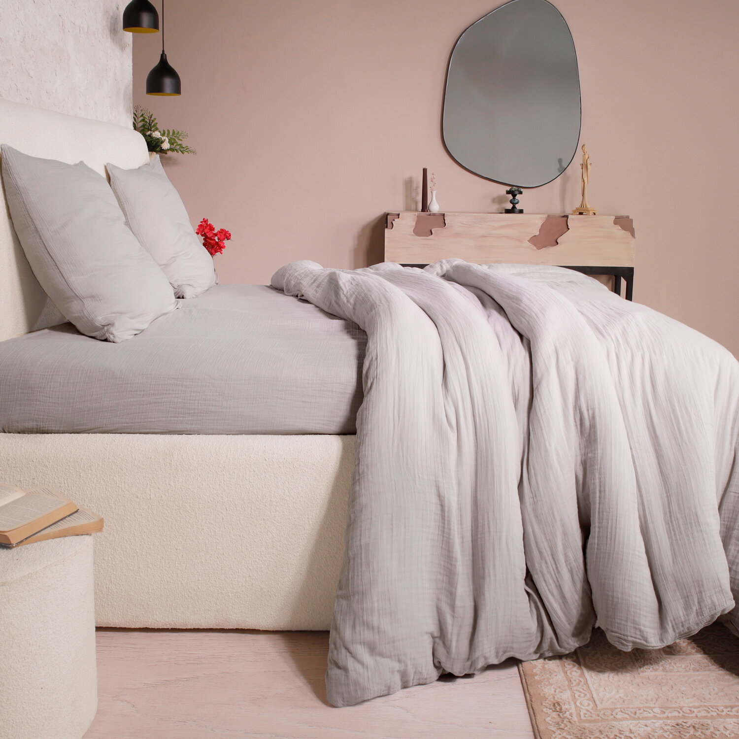 Parure housse de couette unie 100% gaze de coton - ava - gris glacier