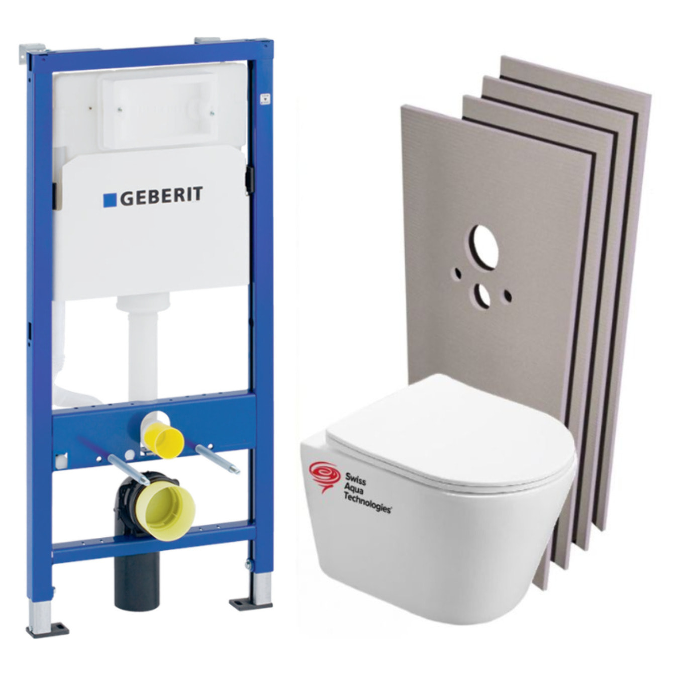 Pack WC Bati-support Geberit + Cuvette Swiss Aqua Technologies sans bride + Set d'habillage + Plaque chrome