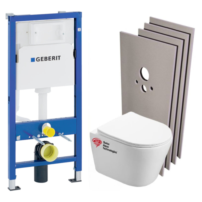 Pack WC Bati-support Geberit + Cuvette Swiss Aqua Technologies sans bride + Set d'habillage + Plaque chrome