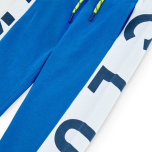 Pantalón jogger bicolor en azul con cintura elástica y estampado
