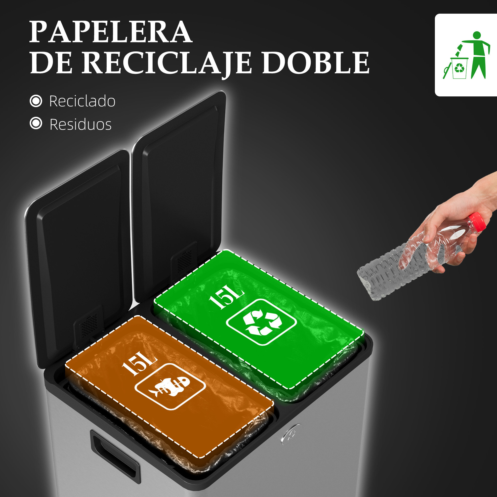 Cubo de Basura de Cocina con 2 Compartimentos 2x15L Papelera Cocina de Acero Inoxidable con Pedal Tapas de Cierre Suave y Cubo Extraíble para Reciclaje Residuos Restos de Comida Plata
