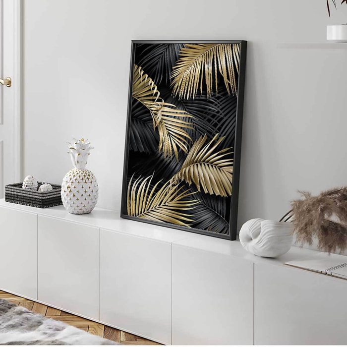 Affiche encadrée feuilles tropicales dorées fond noir Affiche + cadre en métal - Noir