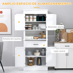 Alacena de Cocina Aparador de Comedor Mueble Auxiliar para Microondas con 4 Puertas 1 Cajón y Estante Abierto para Salón 74x39,5x183 cm Blanco