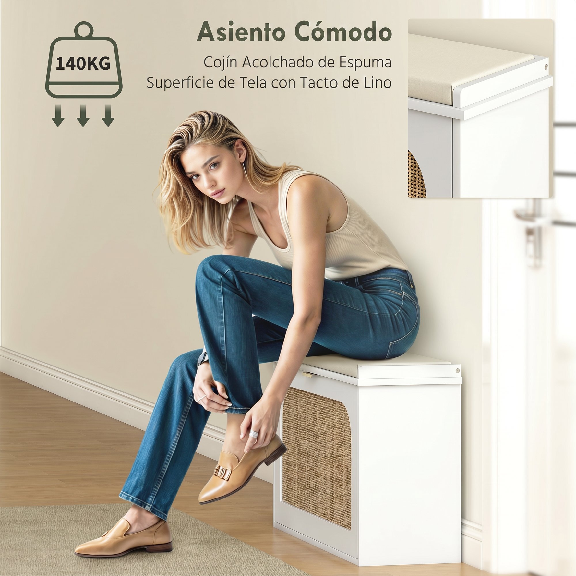 Banco Zapatero Boho, Banco Recibidor Estrecho con Asiento Acolchado, Puerta de Ratán, Cajón Abatible, Estante Ajustable, para 8 Pares de Zapatos, para Entrada, Dormitorio, 80x26x47,5 cm, Blanco