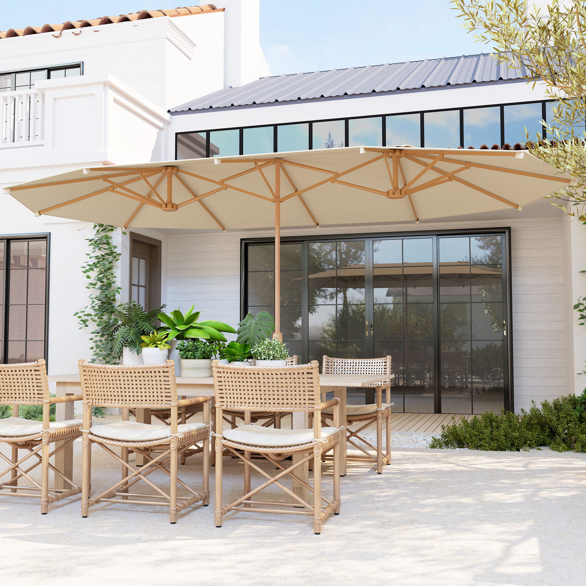 Sombrilla Doble 4,55x2,65 m Sombrilla Terraza Exterior con Manivela Manual Resistente al Agua y Protección Solar Sombrilla Grande para Terraza Playa Piscina Crema