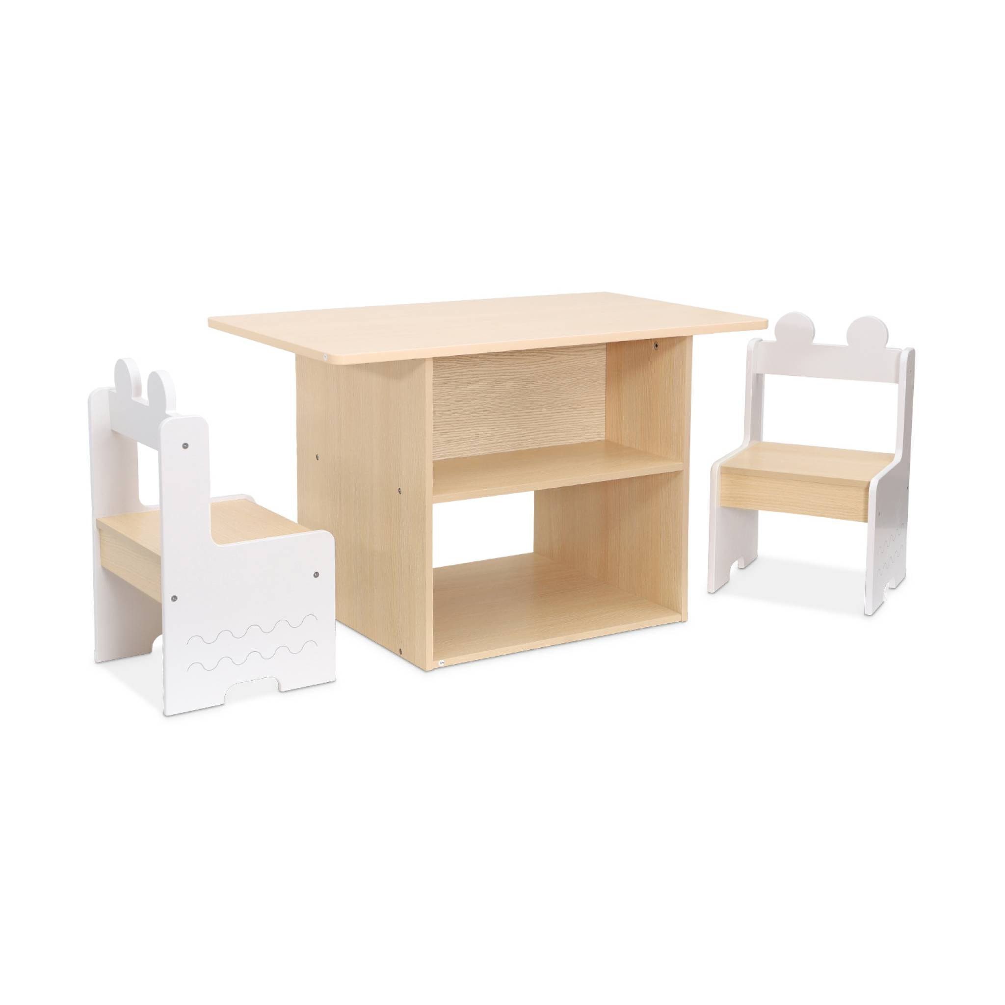 Table enfant + 2 chaises. avec étagères. blanc