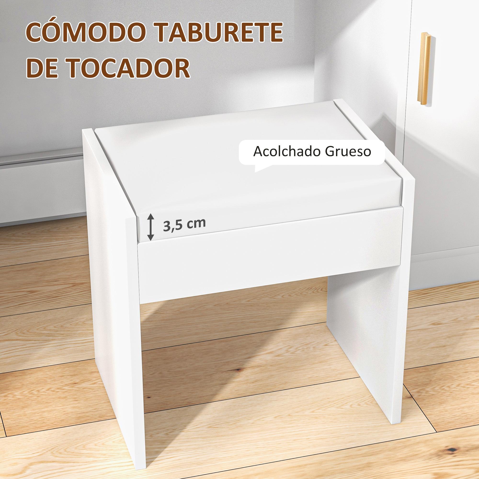 Tocador de Maquillaje con Taburete Mesa de Maquillaje con Espejo LED Cajones Estante Ajustable y Estantes Abiertos para Dormitorio Sala de Estar Blanco