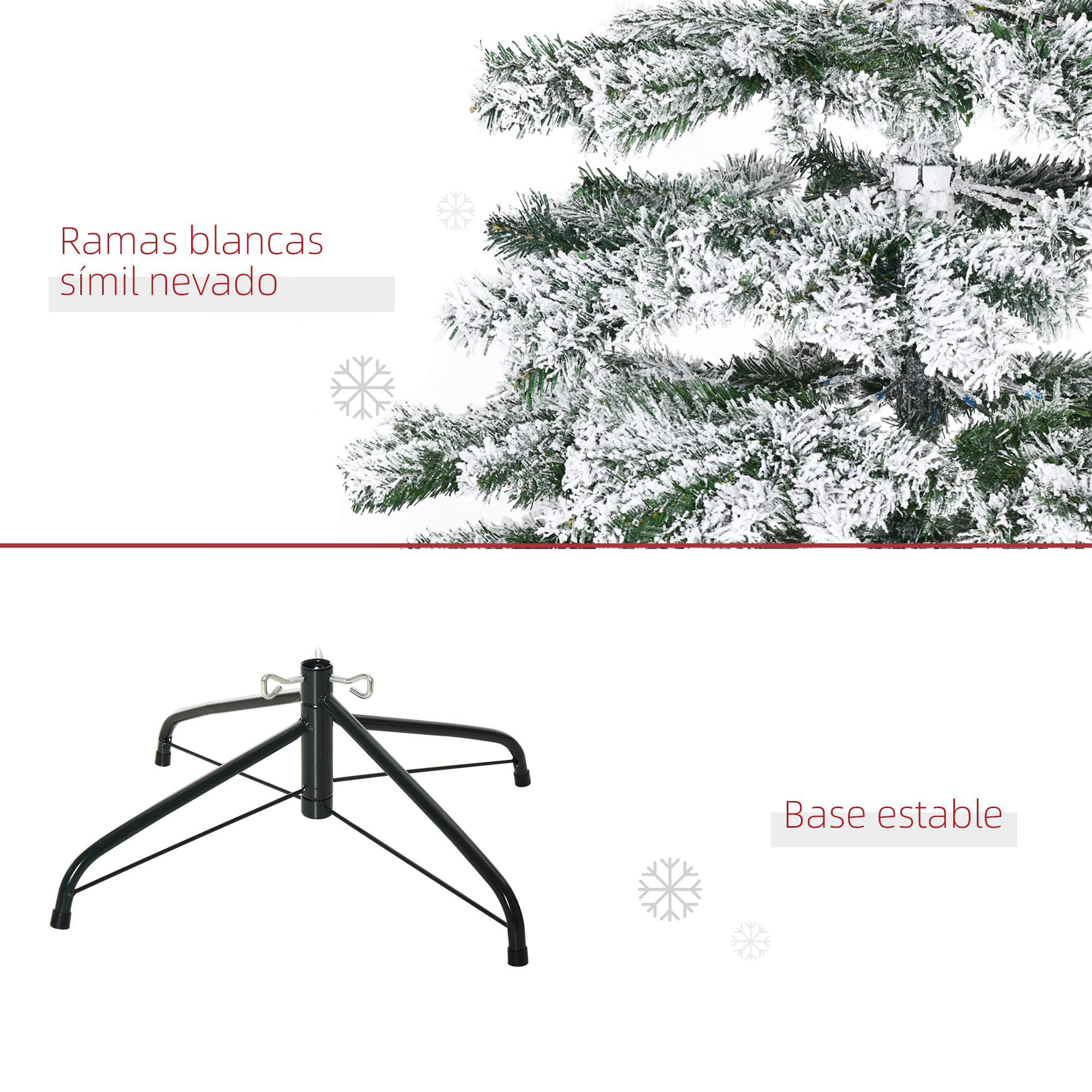 árbol de Navidad 225 cm Nevado Artificial con 1083 Puntas de PVC Base Plegable y Soporte de Metal Decoración Navideño para Interiores 140x140x225 cm Verde y Blanco