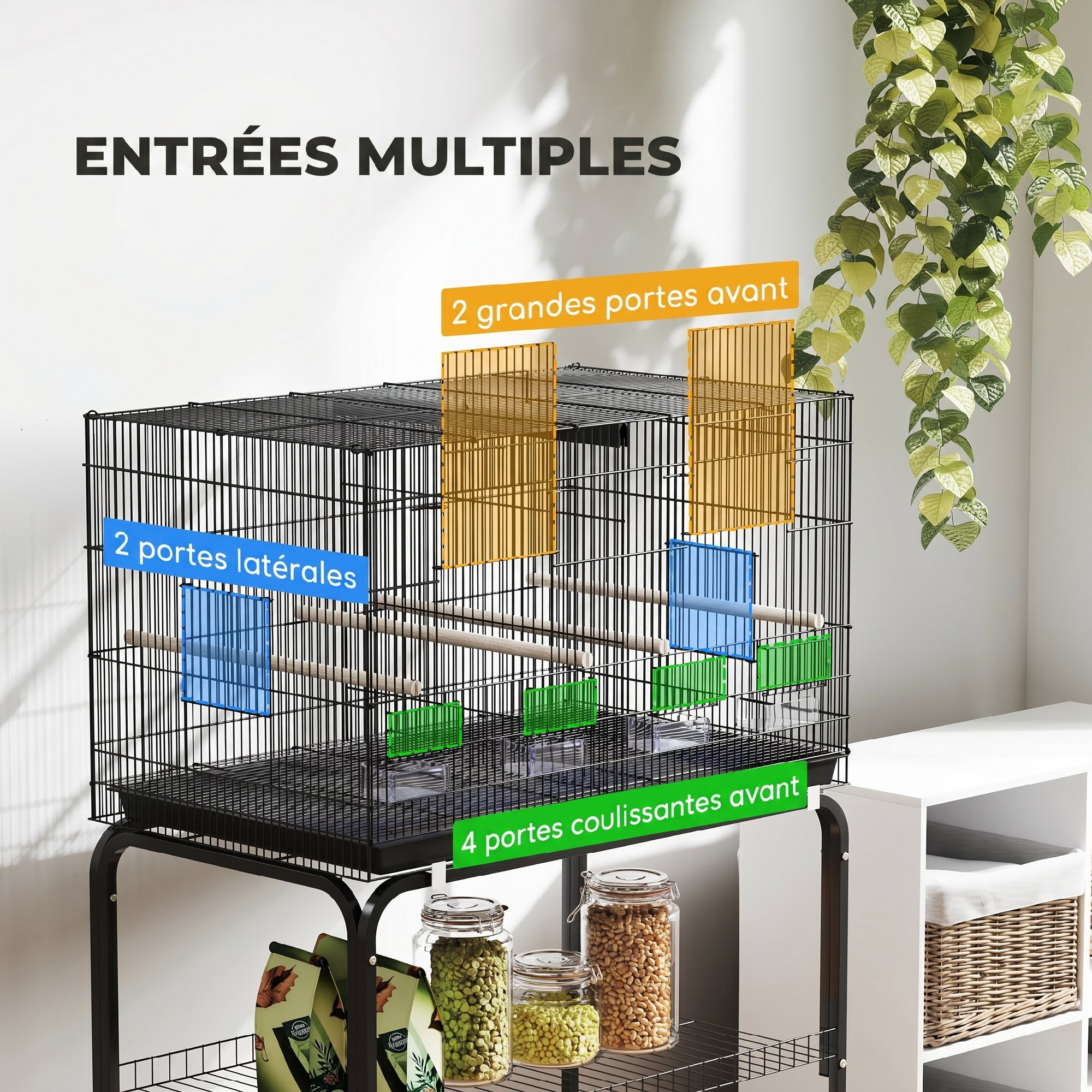 Cage à oiseaux mobile volière acier avec séparateur - 4 perchoirs, mangeoires, portes, trappes, plateau déjection - noir