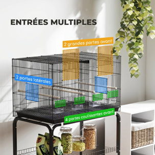 Cage à oiseaux mobile volière acier avec séparateur - 4 perchoirs, mangeoires, portes, trappes, plateau déjection - noir