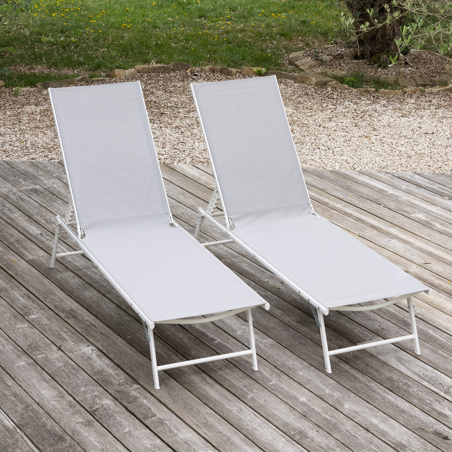 Lot de 2 bains de soleil pliants SICILIA en textilène gris - structure blanche