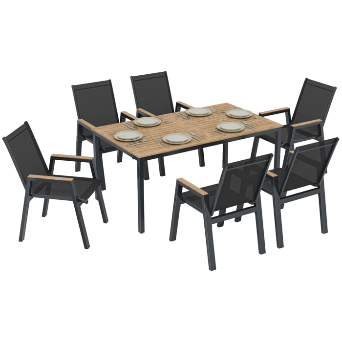 Conjunto de Mesa y Sillas Jardín de 7 Piezas, Muebles Jardín Exterior con Mesa con Tablero de Listones Efecto Madera, 6 Sillas Transpirables, Marco de Metal Resistente a la Intemperie, Negro
