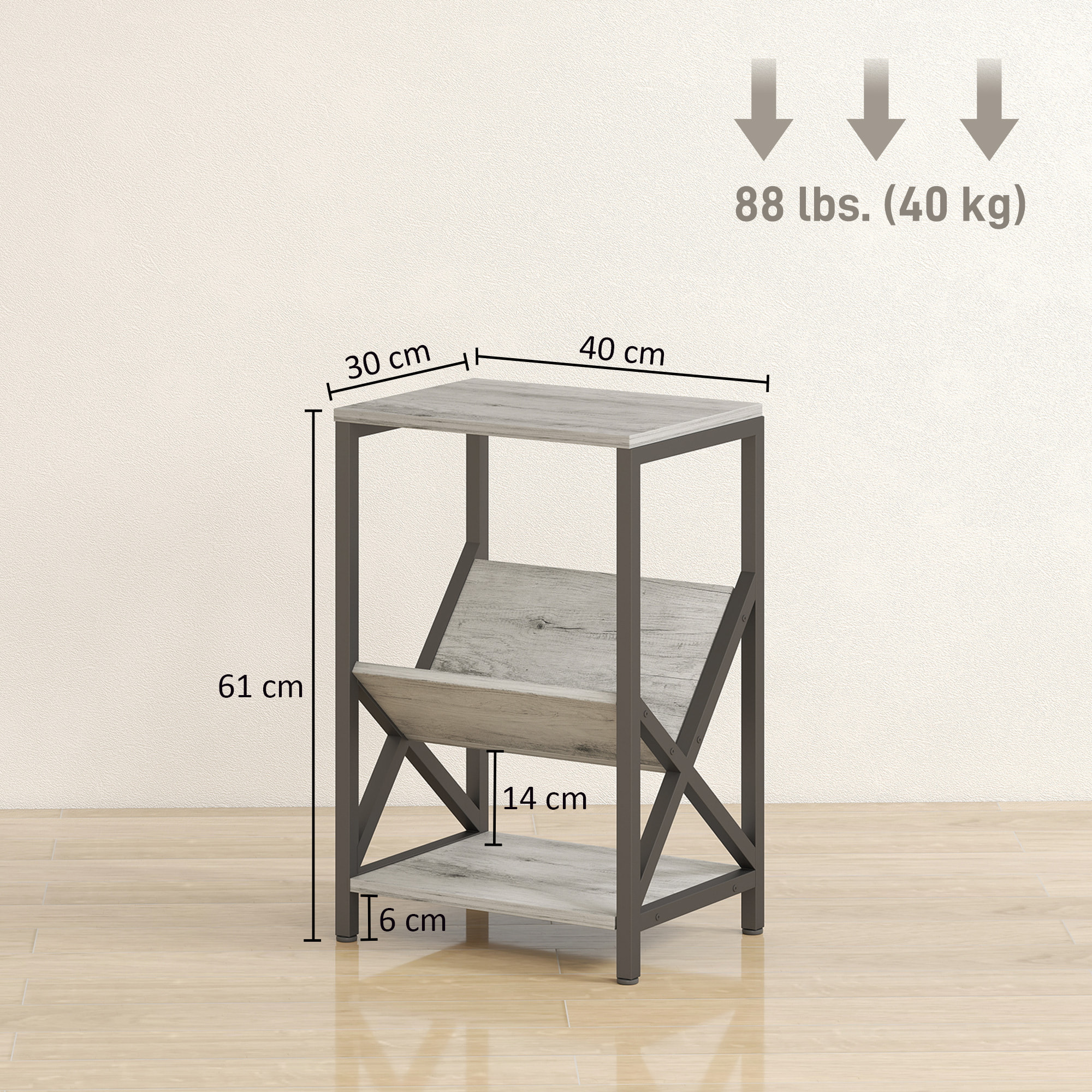 Bout de canapé design effet bois gris acier porte-revues en V étagère