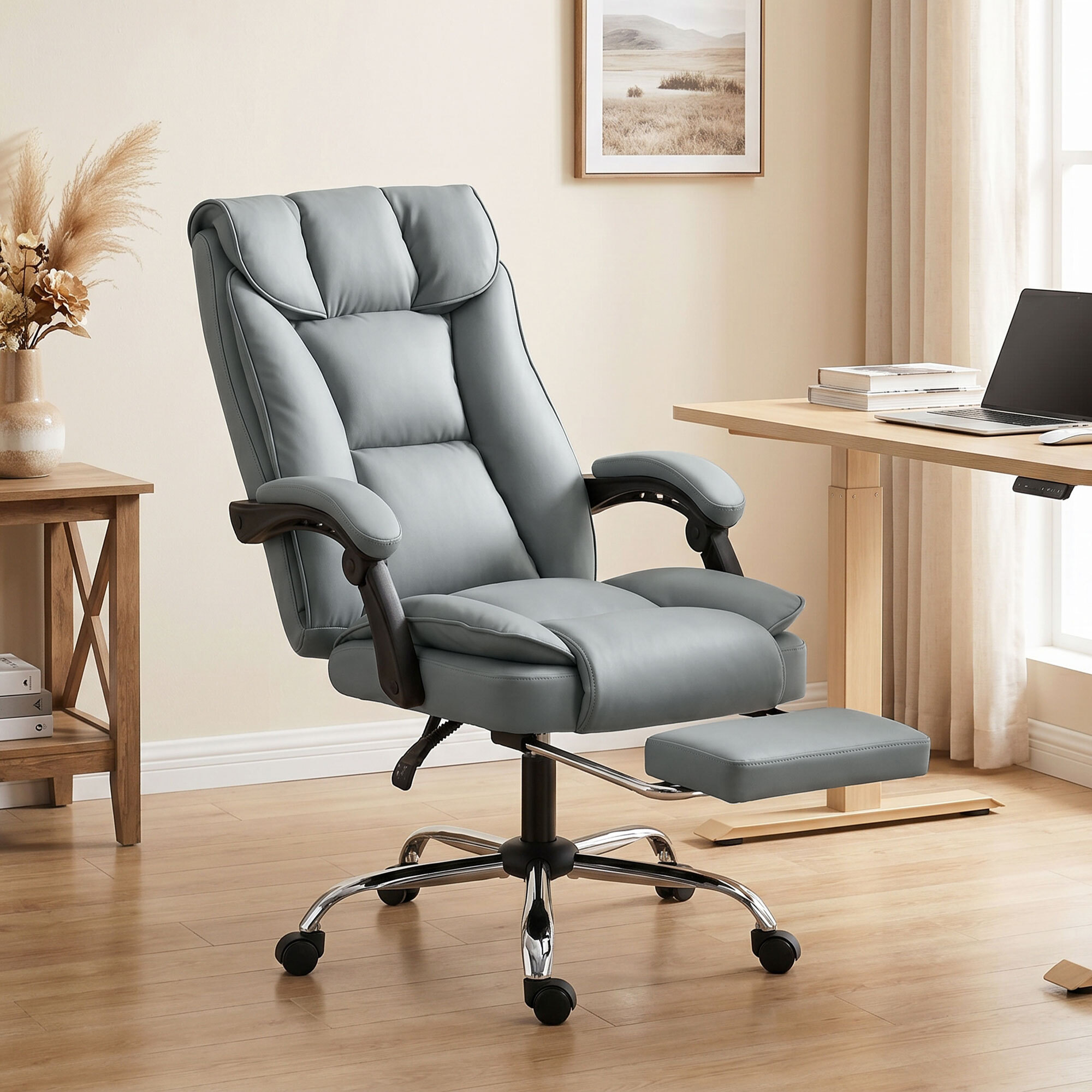 Chaise de bureau inclinable repose-pieds revêtement synthétique gris
