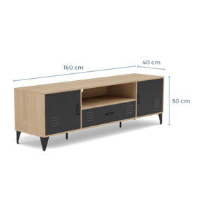 Tribeca - meuble tv - effet bois et métal noir - 2 portes et 1 tiroir - 160 cm - Bois / Noir