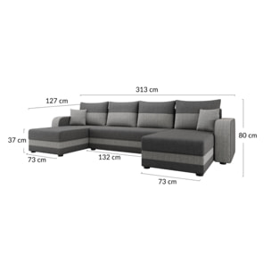 Harvey - Canapé panoramique en U 7 places convertible avec coffre en tissu bicolore - Noir / Beige