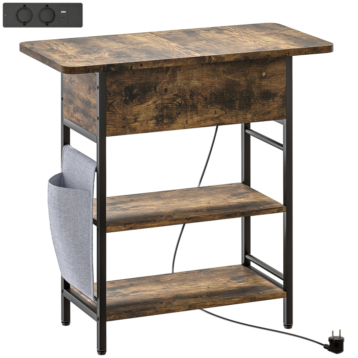 Console style industriel avec station de charge prises secteur et USB dim. 60 x 30 x 58,5 cm métal noir effet bois vieilli