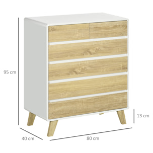 Commode design scandinave - 6 tiroirs - MDF panneaux blanc aspect chêne clair