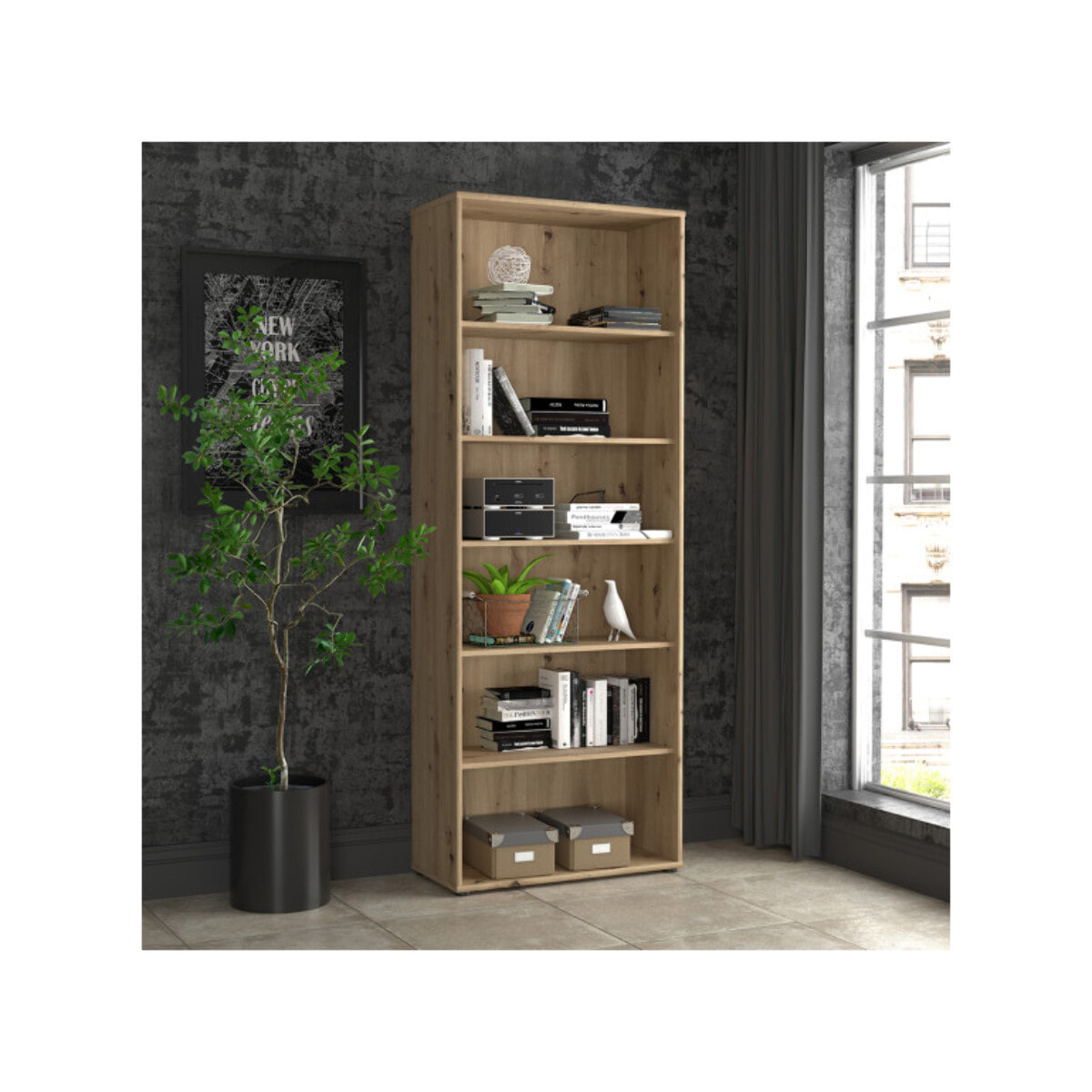 Étagère H. 198 x L. 74 cm décor chêne artisan avec 5 étagères - MIA