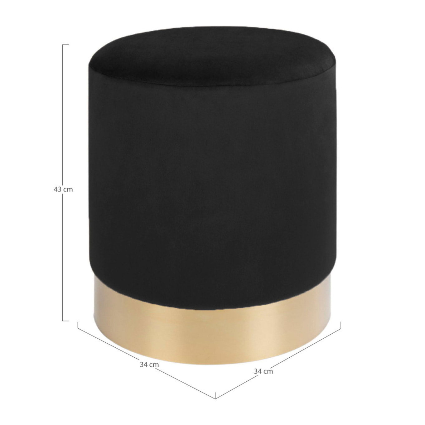 Pouf Gamby in velluto nero con base ottone, ø34×43 cm